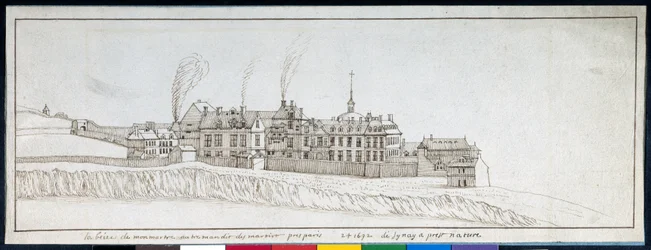 Abbey of Montmartre, med skorstenar som röker (penna och bläck på papper)