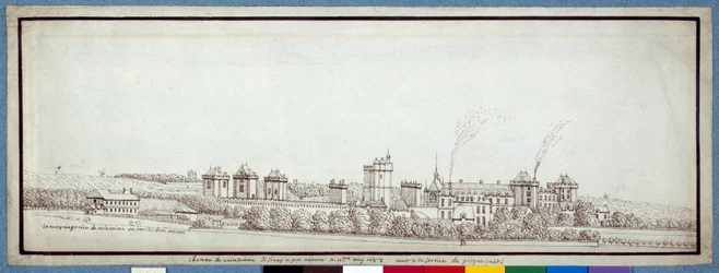 Chateau de Vincennes, med skorstenar som röker (penna och bläck på papper)