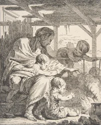 Familjen värmer sina händer vid en eld, 1700-talet., 1700-talet.