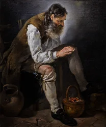 Vinter. Gammal man värmer sina händer vid en brasa, ca 1747 (Olja på duk)