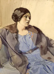 Porträtt av konstnärens hustru, Celia Fiennes, sent 1920-tal (akvarell över blyerts)