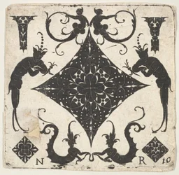 Konkav pastillformad panel och groteska figurer, ca. 1620-30.