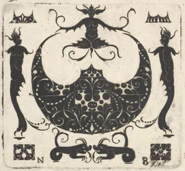 Månformad ringram och groteska figurer, ca. 1620-30.