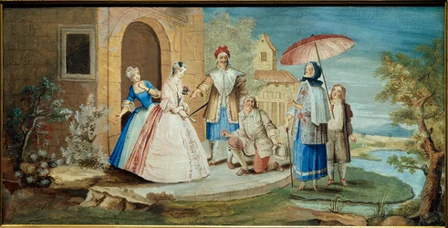 Komikern och dramatikern Jean Baptiste Poquelin dit Moliere (ett knä mot marken) och hans komiker i stycket Georges Dandin ou le mari confused””” 1668. Julmålning Coypel (1628-1707) Samling 1668 Jacques Lorcey