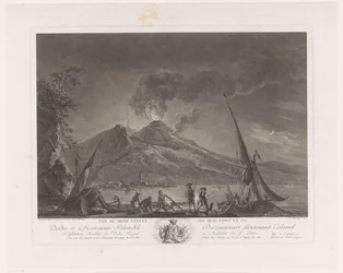 Landskap med fiskare och aktiv Vesuvius Vue du mont Vesuve tel quil etoit en 1757 (titel på objekt)