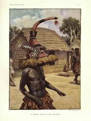 Bangongos mokenge-mask, illustration ur «Etnografiska anteckningar om de folk som vanligen kallas Bakuba...» av Emil Torday