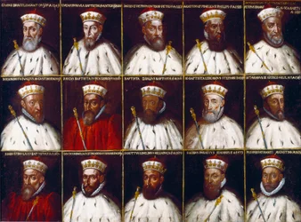 Republiken Genes vapen och porträtt av dogerna. Gaspare Grimaldi Bracelli, Luca Spinola, Giacomo Promontorio, Agostino Pinello Ardimenti, Pietro Giovanni Chiavica, Girolamo Vivaldi, Paolo Battista Giudice, Battista Cicala Zoaglio, Giovan