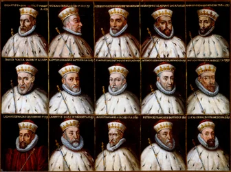 Republiken Genes vapen och porträtt av dogerna. Gio. Battista Gentile Pignolo, Nicolò Doria, Gerolamo De Franchi Toso, Gerolamo Chiavari, Ambrogio Di Negro, Davide Vacca (eller Vaccari), Battista Negrone, Gio Giustiniani Campi, Antonio Grimal