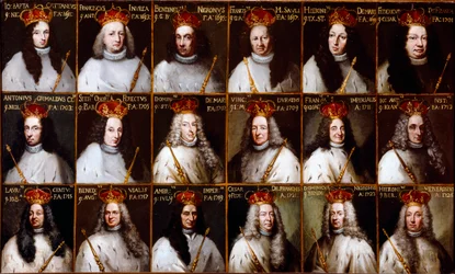 Republiken Genes vapen och porträtt av dogerna. Giovanni Battista Cattaneo, Francesco Invrea, Negrone Bendinelli, Francesco Maria Sauli, Girolamo De Mari, Federico De Franchi, Antonio Cebà Grimaldi, Honored Stefano Ferreti, Domenico De Ma