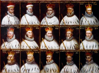 Republiken geners vapen och porträtt av dogerna. Giovanni Stefano Doria, Francesco Gio. Brignole Sale, Agostino Pallavicini, Giovanni Battista Durazzo, Agostino Giovanni De Marini, Giovan Battista Lercari, Luca Giustiniani, Giovanni Battista L