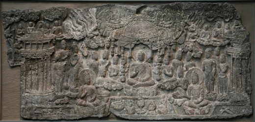 Western Paradise, Handan, Hebei-provinsen, 550-577 (kalksten med spår av pigment)