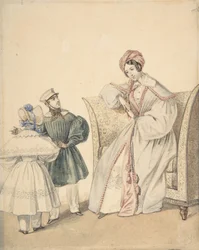 Modeteckning med en kvinna som sitter i en stol med en pojke och flicka, 1800-talet.