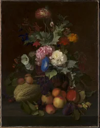 Stilleben med frukt och blommor