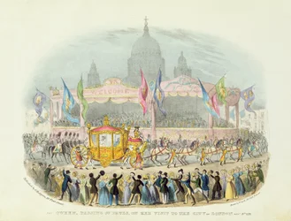 Drottning Victoria passerar St Pauls Cathedral den 9 november 1837 (teckning)