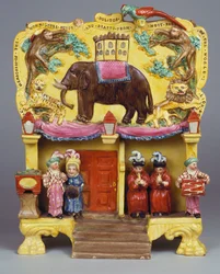 En grupp av lergods av "Politos menageri av underbara fåglar och odjur från de flesta delar av världen", ca 1830