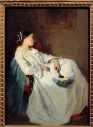 Sovande sittande kvinna Målning av Octave Tassaert (1800-1874) 1800-talets sön. 0,32 x 0,24 m