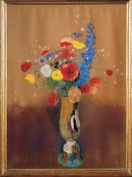 Bukett med vilda blommor i en långhalsad vas (gouache)