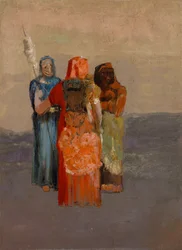 Les Moires (De tre öden) (ödets tre gudar från antik mytologi eller Romarnas öden) - Målning av Odilon Redon (1840-1916), olja på duk (32,4 x 23,8 cm)