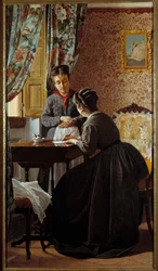Analfabeten eller kvinnan som skriver ett brev till sin piga Målning av Odoardo Borrani (1834-1905) 1869 Privat samling