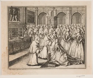 Biskop Hersleb smörjer drottning Louise i Frederiksborgs slottskyrka. Illustration till Frederik IV:s smörjelseakt