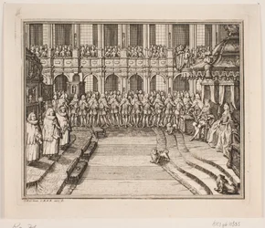 Kung Fredrik V och drottning Louise under smörjelsehögtiden i Frederiksborgs slottskyrka. Illustration till Fredrik IV:s smörjelseakt