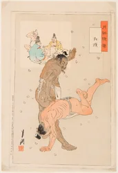 Sumobrottare slåss. Tryck av Ogata Gekko (1859-1920)