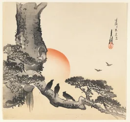 Kråkor på en trädstam, Meiji-period, ca 1890-1910 (trätryck i färg)