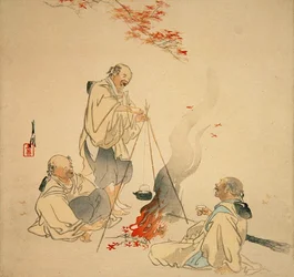 Drinking Sake under a Maple Tree, c.1890-1900-tal (träblock i färg)