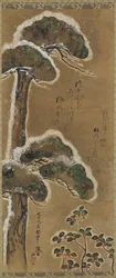 Snöbelastad tall och buske, Edo-perioden, daterad 1741.
