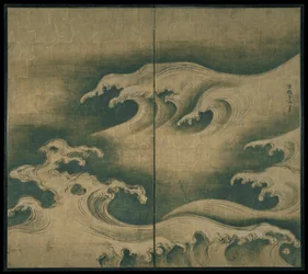 Rough Waves, tvåpanels vikskärm, c.1704-9 (bläck, färg och bladguld på papper)