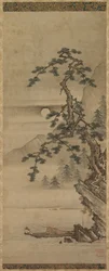 Månbelyst landskap av tall med gammal man i båt, Muromachi-perioden, 1392-1573.