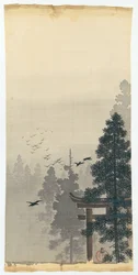Landskap med flock av fåglar och torii