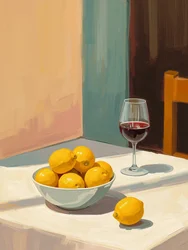 Stilleben med citroner och ett glas rödvin