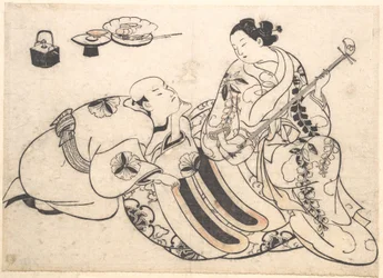 En knäböjande man som lutar sig framåt och lyssnar på en oiran som spelar shamisen