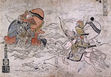Strid mellan två fientliga samurajer under slaget vid Ichi-no-Tani. Målning på papper av Okumura Masanobu, ca 1720.