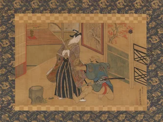 Kabuki Spela Kusazuribiki från Sagorna om Soga Soga monogatari, 1700-talet.