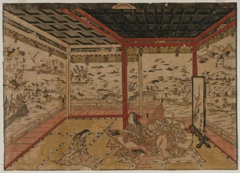 Lady Murasaki på Ishiyama med utsikt över en panorama med sju utsikter över sjön Biwa, 1740-talet.