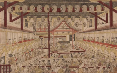 Perspektivvy av det inre av Nakamura-teatern med Ichikawa Ebizo II som Yanone Goro, 1740
