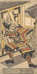 Skådespelaren Bando Hikosaburo i rollen som Asahi na Saburo Breaking Open the Castle Doo..., ca. 1730.