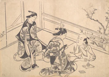 Skådespelaren Ichimura Takenojo liggande på en balkong, ca. 1715., ca. 1715.