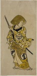 Skådespelaren Sawamura Kamesaburo som Nagoya Kosanza i pjäsen "Keisei Fukubiki Nagoya", uppfördes på Nakamura Theatre under den första månaden, 1731
