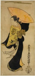 Skådespelaren Fujimura Handayu II som Nowake no Mae i pjäsen "Tategami Teika Kazura", uppträdde på Ichimura Theatre i elfte månaden, 1719