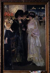 Café i Paris (Frankrike). (Café i Paris). Nattscen, tre kvinnor pratar mitt i en folkmassa vid bordet, i fjärran, en orkester och gatlyktorna i staden. Målning av Alexander Alexandrovich Murashko (Alexander Murashko) (1875-1919), olja på duk