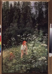 Flicka framför en grästuva (Girl at a Tuft of Grass). Målning av Olga Antonovna Lagoda Shishkina (1850-1881), olja på duk