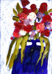 Färgglada blommor i blå vas