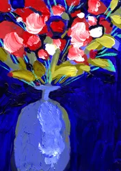 Ljusa röda blommor i blå vas