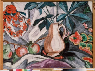 Stilleben med vas och äpplen - Stilleben med kanna och äpplen - Målning av Olga Vladimirovna Rozanova (1886-1918), olja på duk - Rysk konst, sent 1800-tidigt 1900-tal, avantgarde - Ryska statens museum, Sankt Petersburg