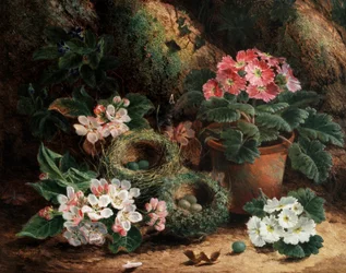 Äppelblommor och primula. Målning av Oliver Clare (ca 1853-1927) Privat samling.