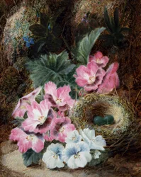 Stilleben med fågelbo och violer. Målning av Oliver Clare (ca 1853-1927) Privat samling.