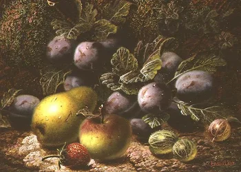 Stilleben med plommon, krusbär, äpple, päron och jordgubbar